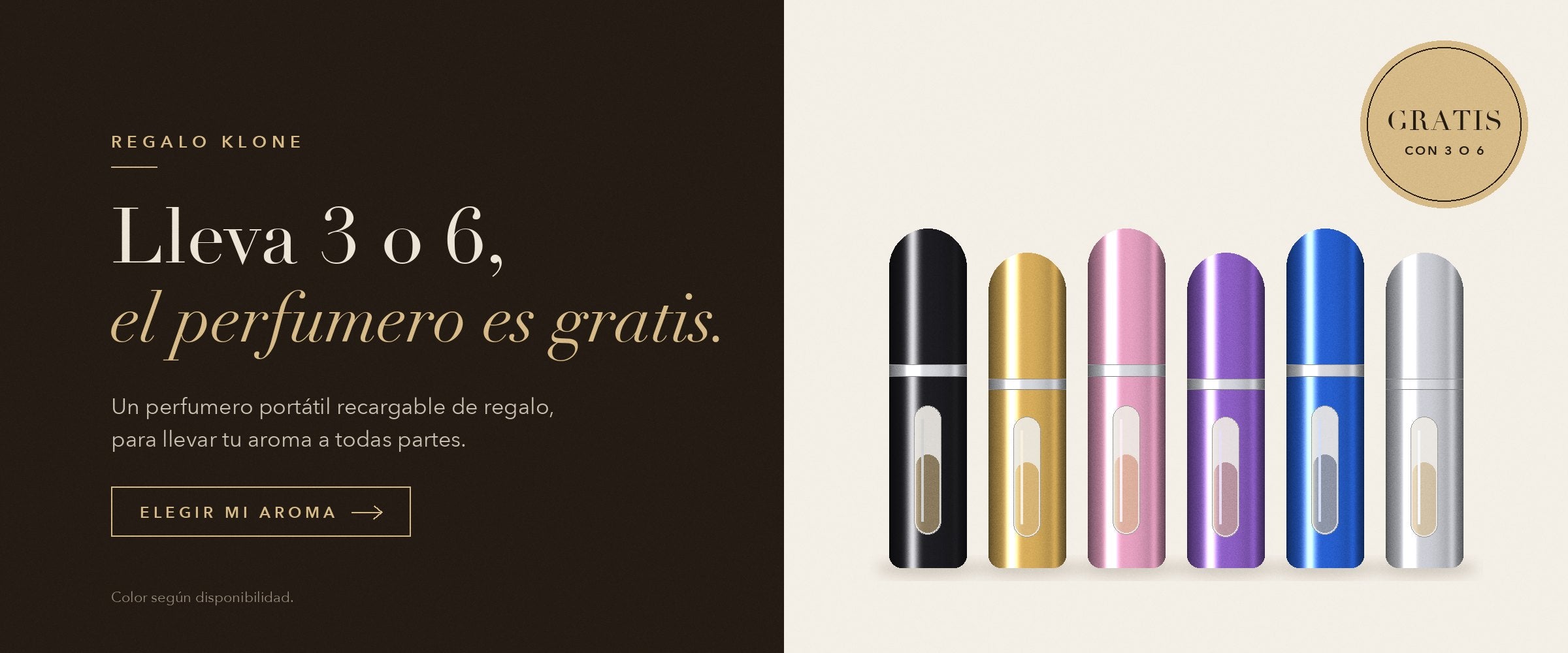 Regalo Klone: lleva 3 o 6 unidades y el perfumero portátil es gratis. Color según disponibilidad